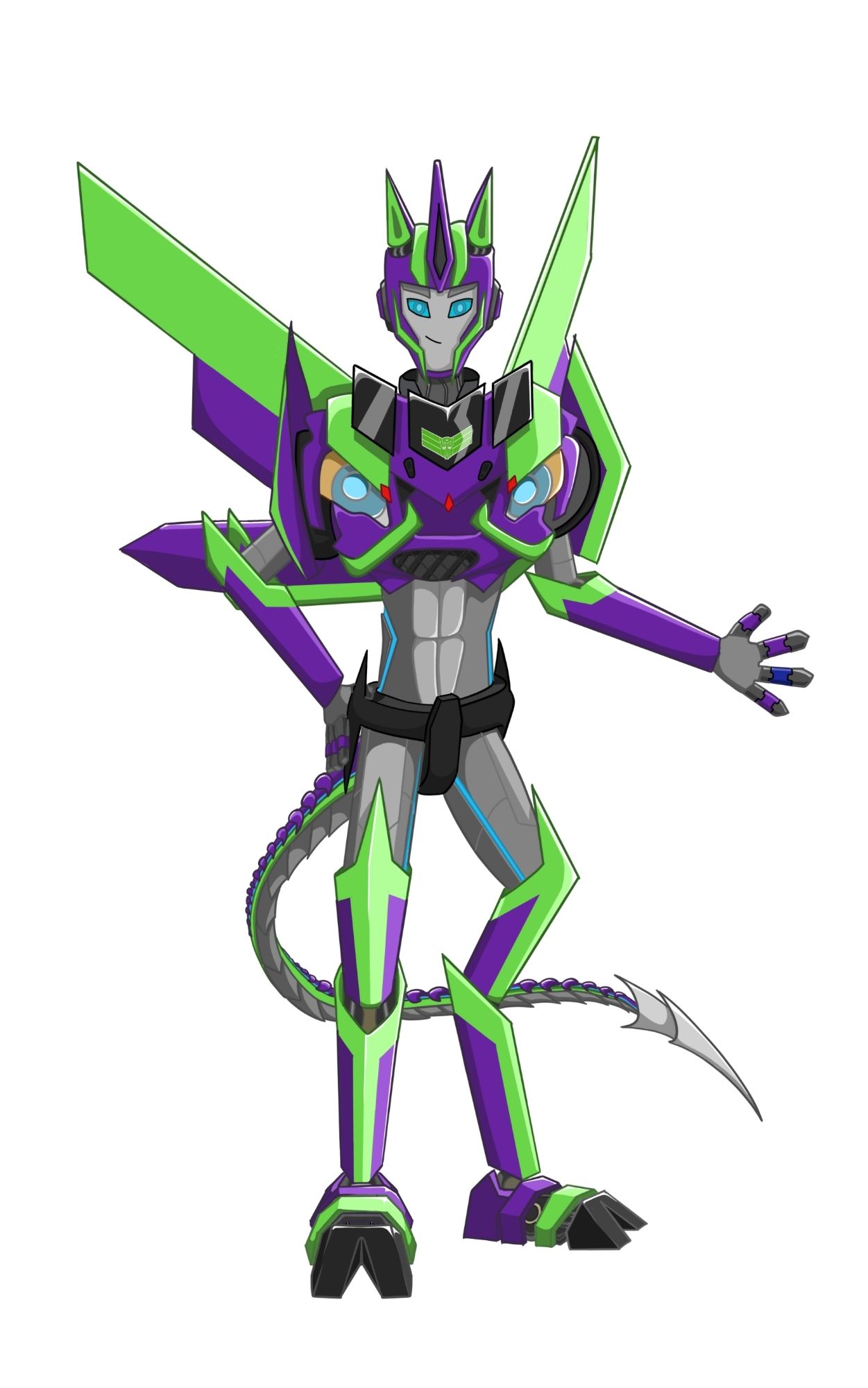 A purple and green Transformers OC. She has digitigrade legs, cat ear-like horns on her helmet and a tail. On her chest is the Autobot Elite Guard symbol. Her "ring" finger is a navy blue.