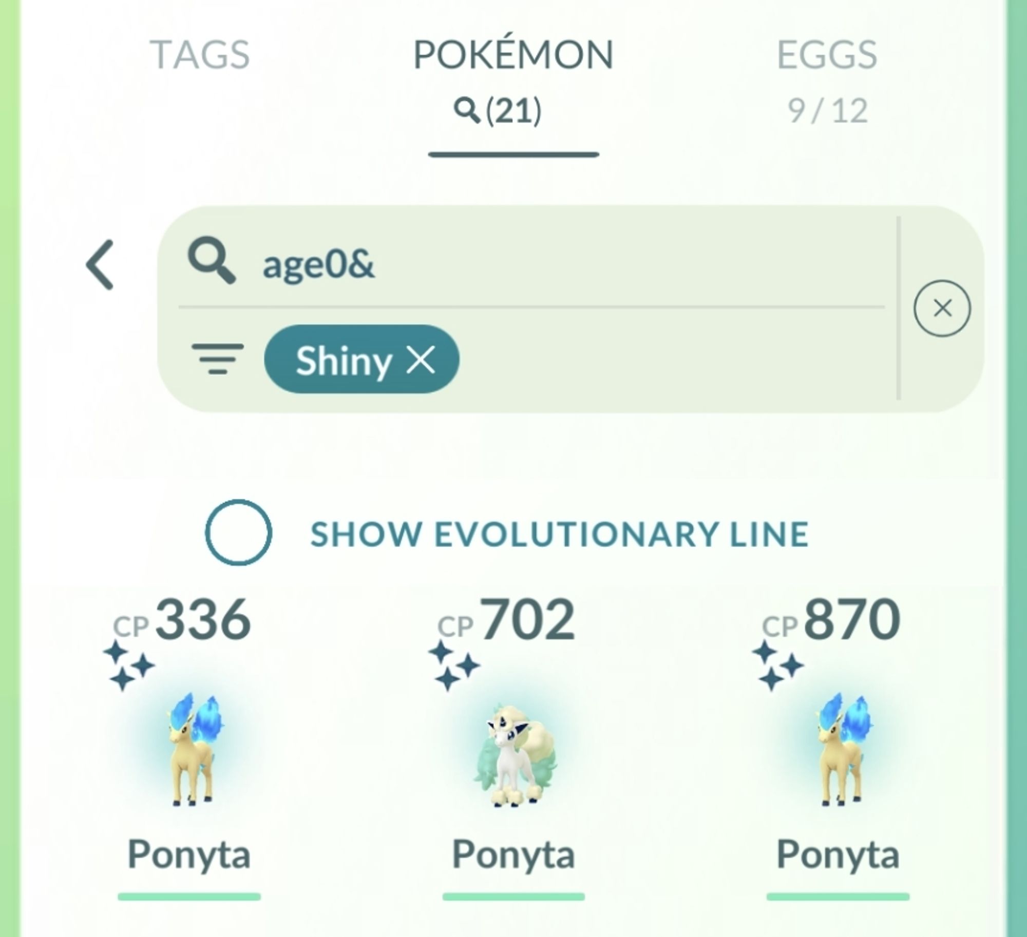 Pokémon GO storage screenshot showing 21 shiny Ponyta (Kantonian and Galarian)