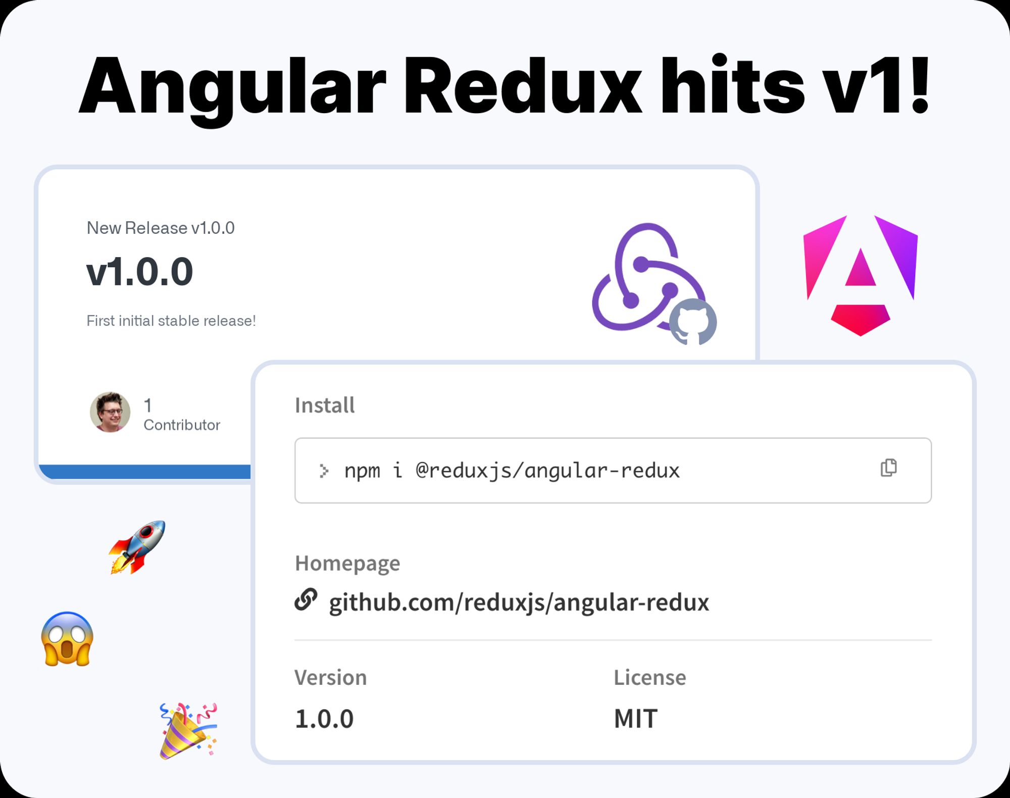 "Angular Redux hits v1!" with a GH preview of the release and a preview of the NPM page