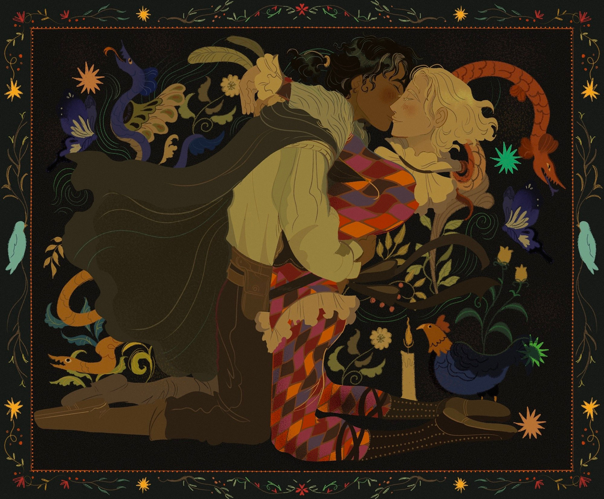 Two men kissing. One of them is dark-skinned- donned in a furred cape, white shirt, a tool belt, black trousers and brown boots. He has long black hair. The other is wearing a tight harlequin type costume. He has shoulder length, wavy white hair and pale skin. They are surrounded by stars of many colors, leaves and dragons, and framed by a black frame with curling vines and red flowers. They depic Fitz and the Fool from realm of the elderlings.