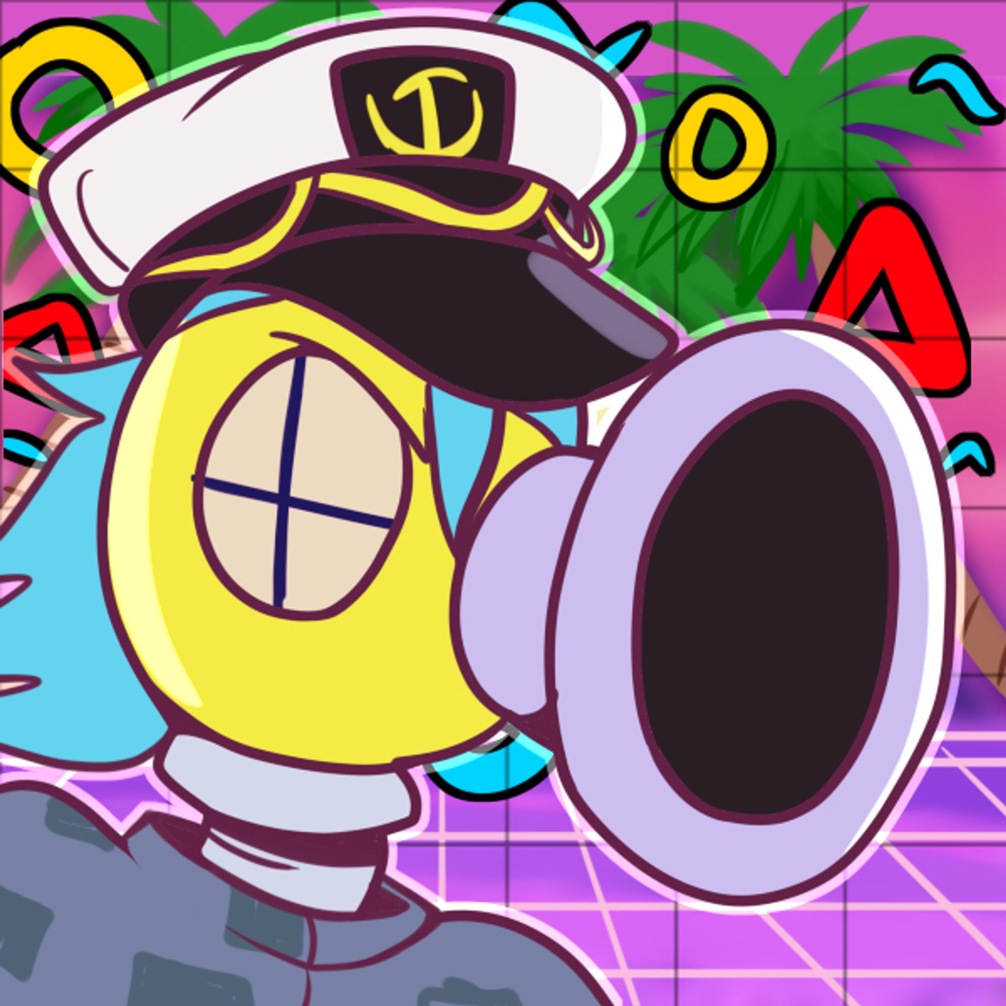 FLUDD from Mario Sunshine but with a sailor hat and blue hair in a synthwave background with memphis shapes