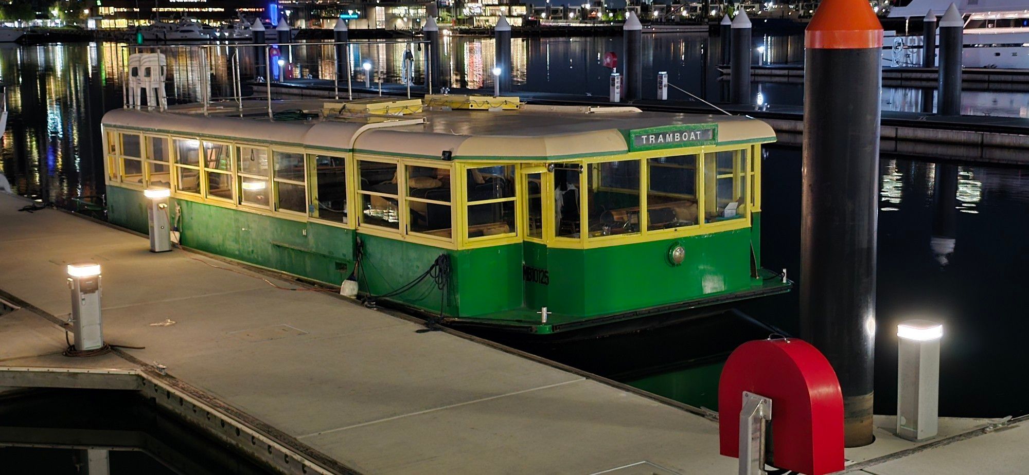 A boat designed to look like an old fashioned Melbourne tram.