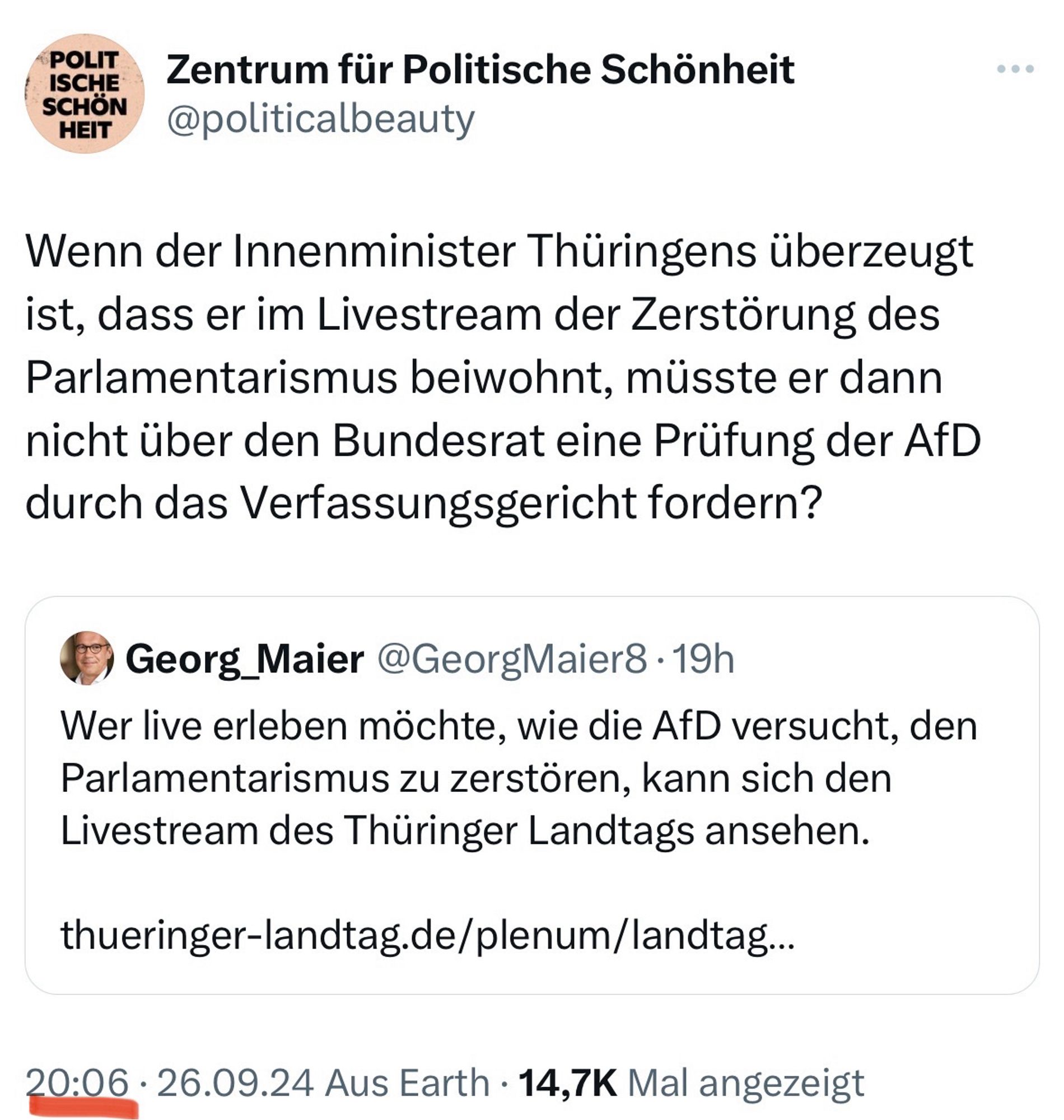 Zentrum: Wenn der Innenminister Thüringens überzeugt ist, dass er im Livestream der Zerstörung des Parlamentarismus beiwohnt, müsste er dann nicht über den Bundesrat eine Prüfung der AfD durch das Verfassungsgericht fordern?

Innenminister: Wer live erleben möchte, wie die AfD versucht, den Parlamentarismus zu zerstören, kann sich den Livestream des Thüringer Landtags ansehen.