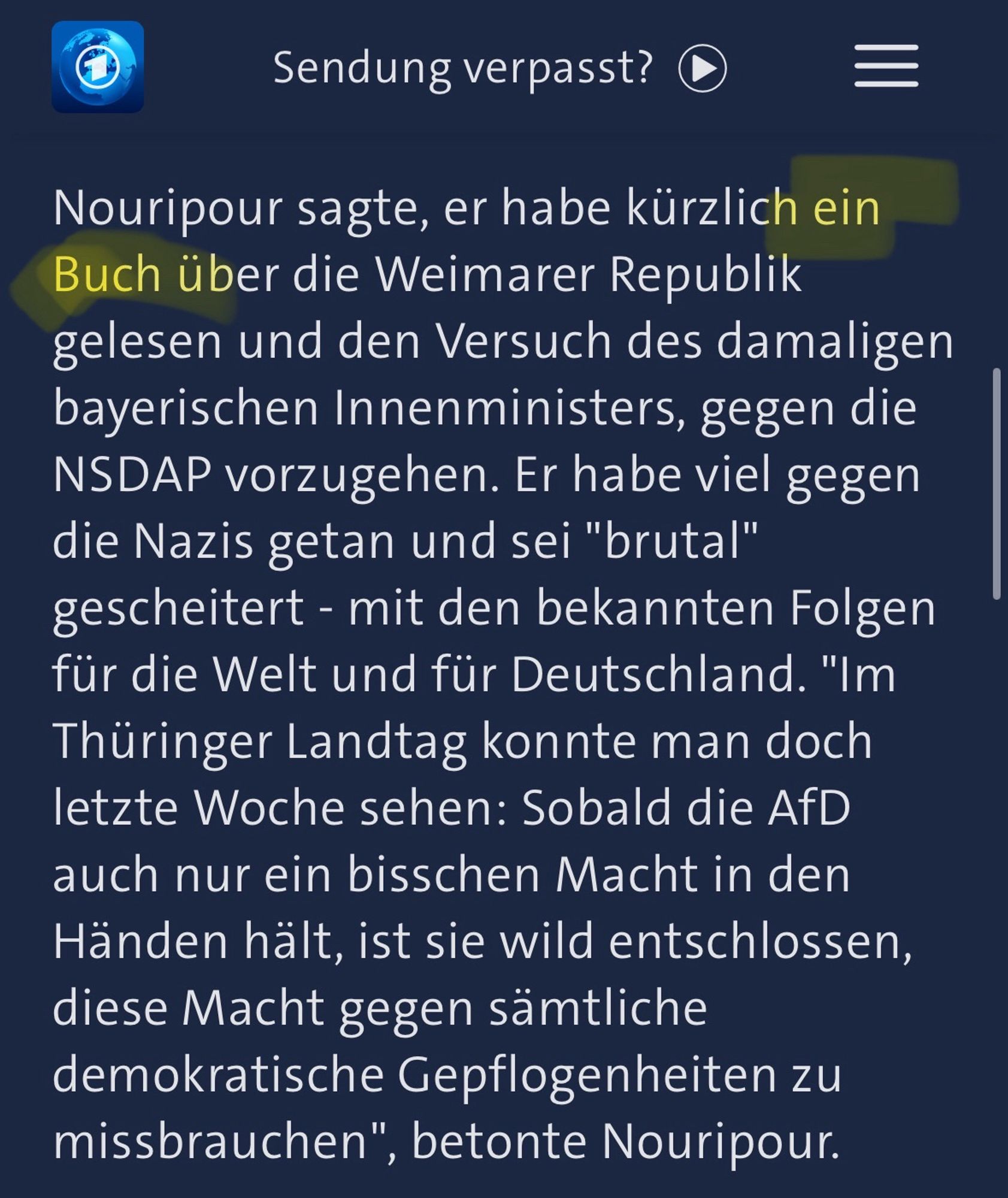 Nouripour sagte, er habe kürzlich ein Buch über die Weimarer Republik gelesen und den Versuch des damaligen bayerischen Innenministers, gegen die NSDAP vorzugehen. Er habe viel gegen die Nazis getan und sei "brutal" gescheitert - mit den bekannten Folgen für die Welt und für Deutschland.