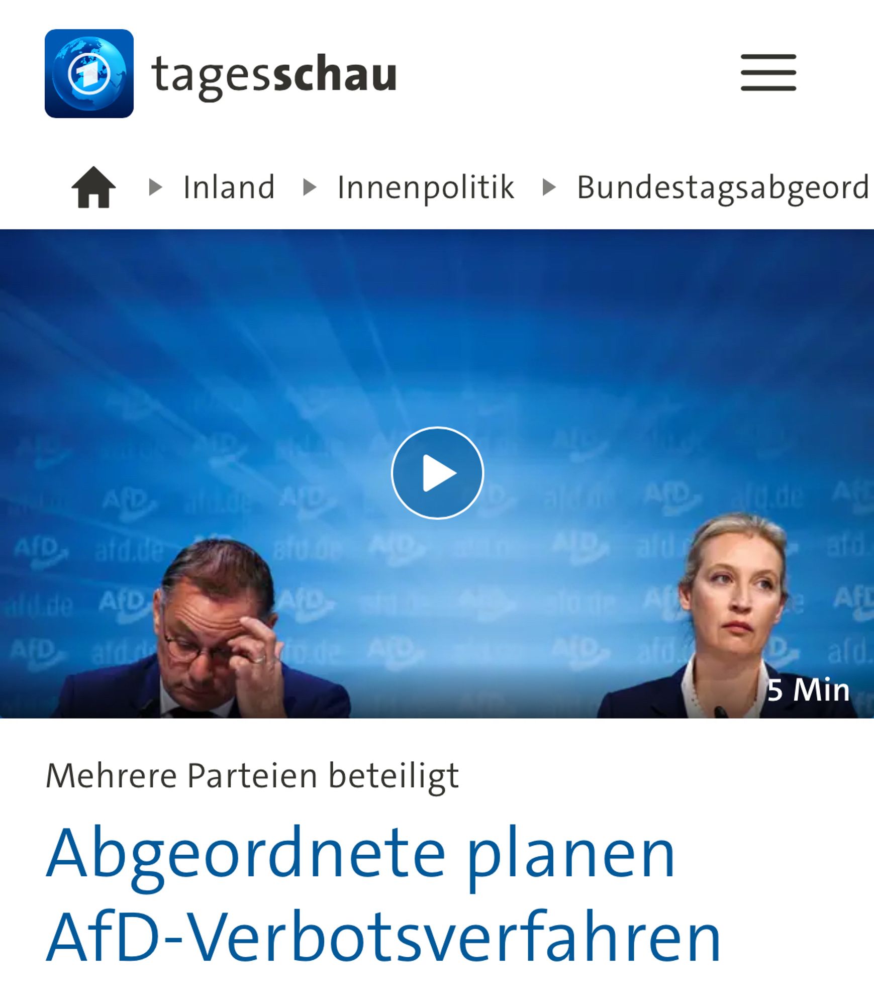 Tagesschau meldet: abgeordnete planen Afd Verbots-Antrag