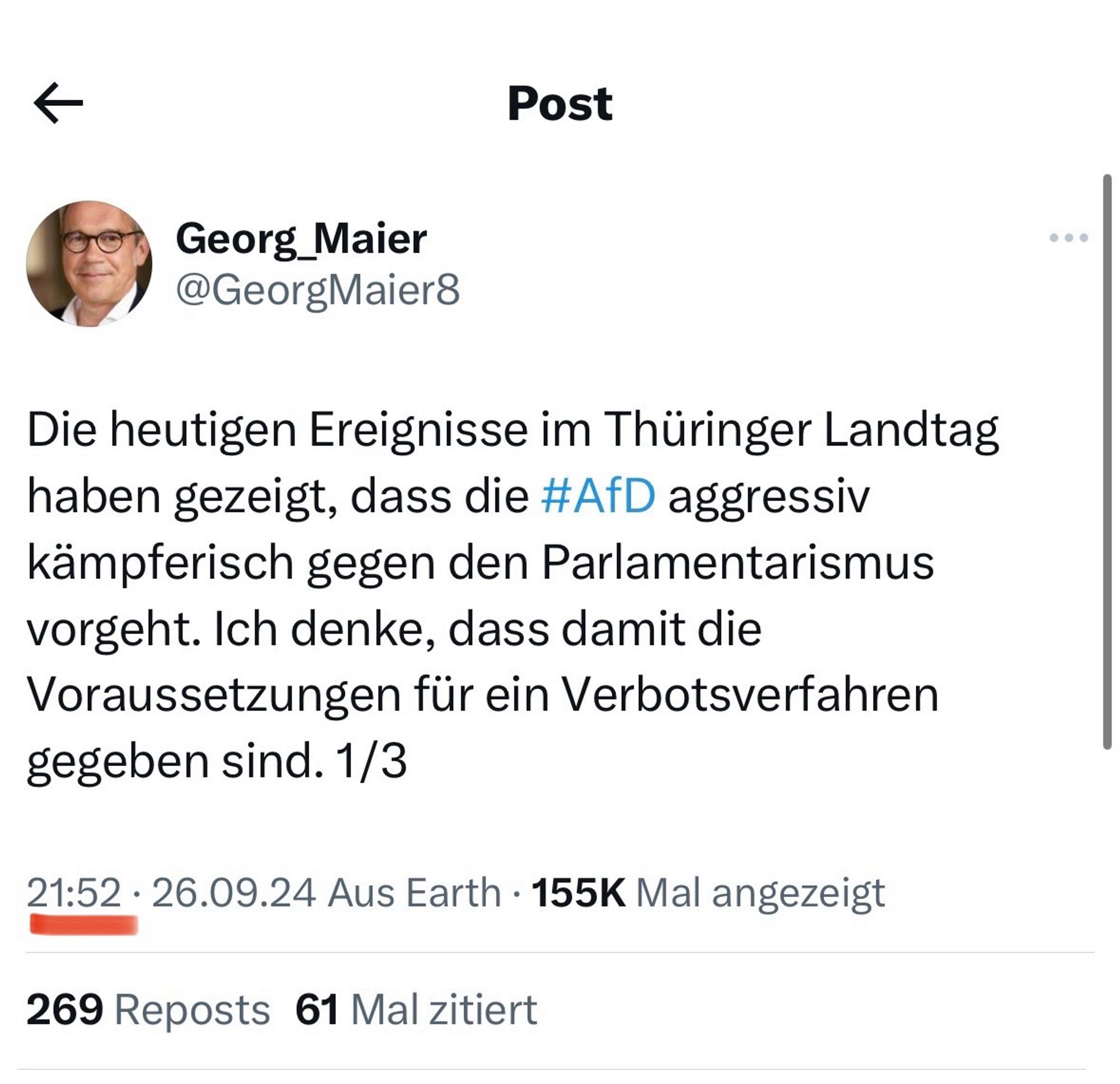 Zwei Stunden später, derselbe Innenminister: Die heutigen Ereignisse im Thüringer Landtag haben gezeigt, dass die #AfD aggressiv kämpferisch gegen den Parlamentarismus vorgeht. Ich denke, dass damit die Voraussetzungen für ein Verbotsverfahren gegeben sind.