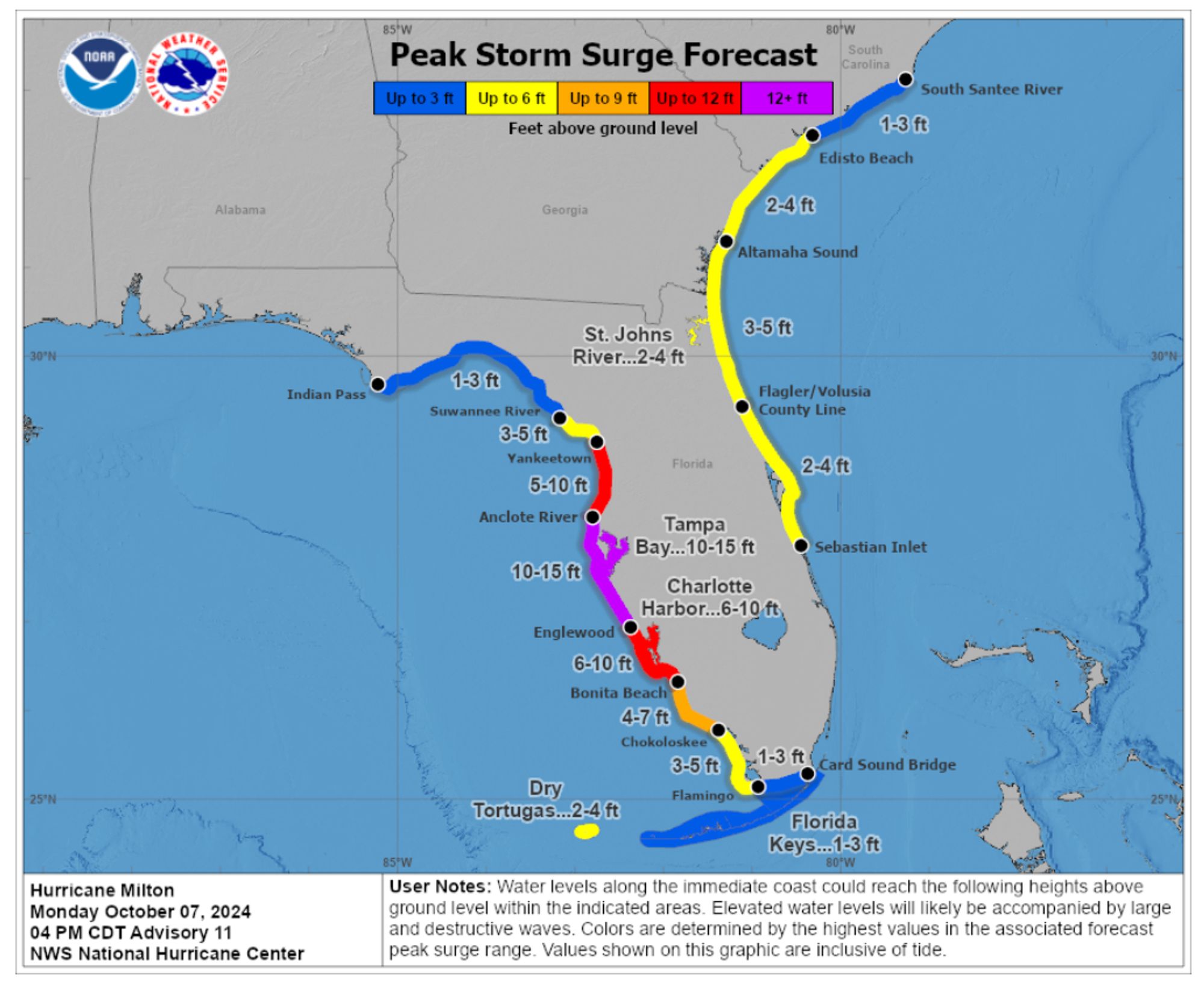 Peak Storm Surge Forecast for hurricane Milton from the National Hurricane Center showing a maximum of 10 to 15 feet of surge in the Tampa Bay area