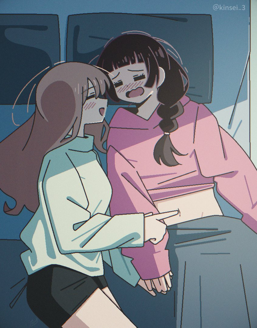 a drawing of a light-haired girl poking a black-haired girl in the belly button in bed