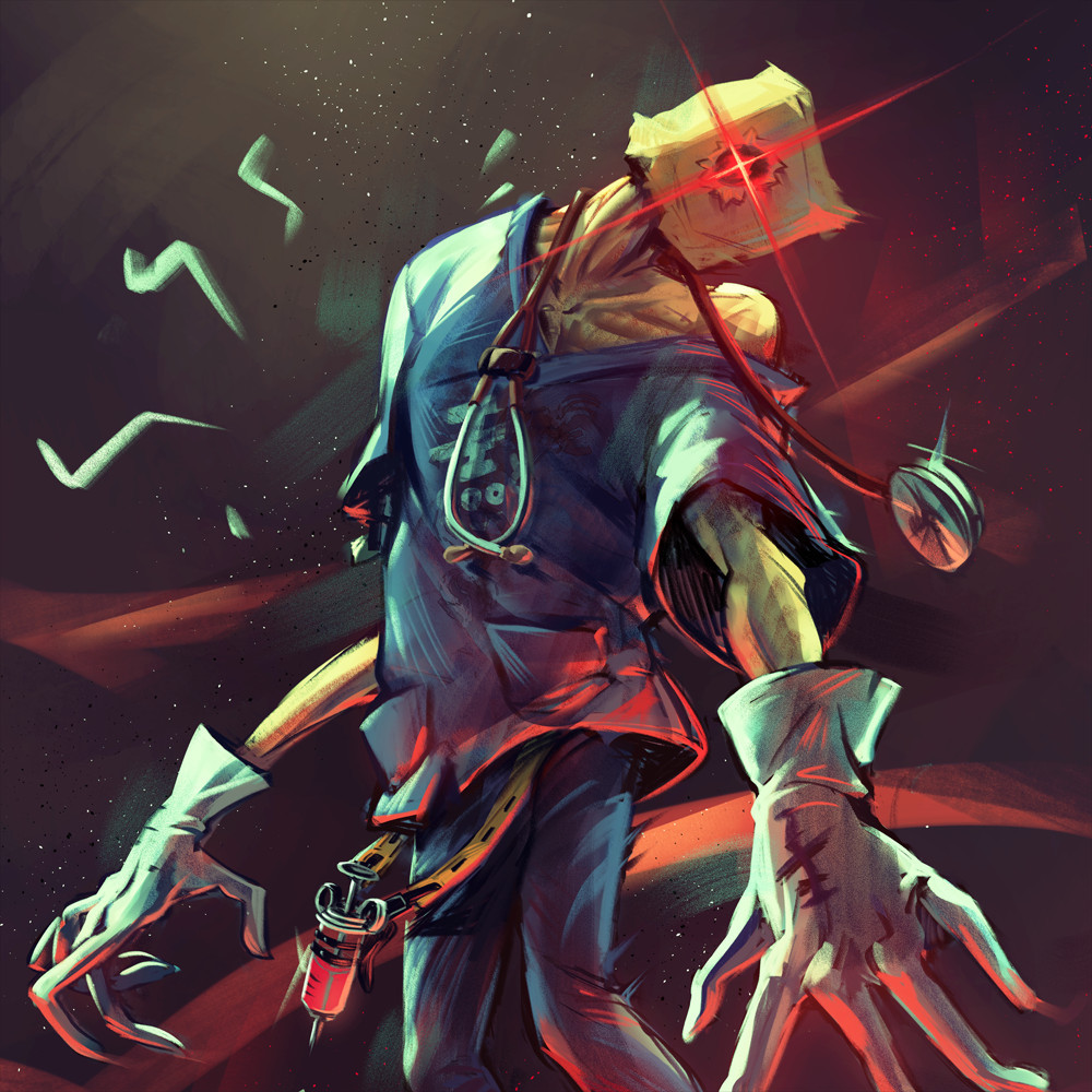 Faust from Guilty Gear Strive wearing blue scrubs with a syringe hanging from his belt and a stethoscope around his neck. Fingers are elongated and outstretched towards the viewer and there is a red flash behind the eye hole in his paper bag.