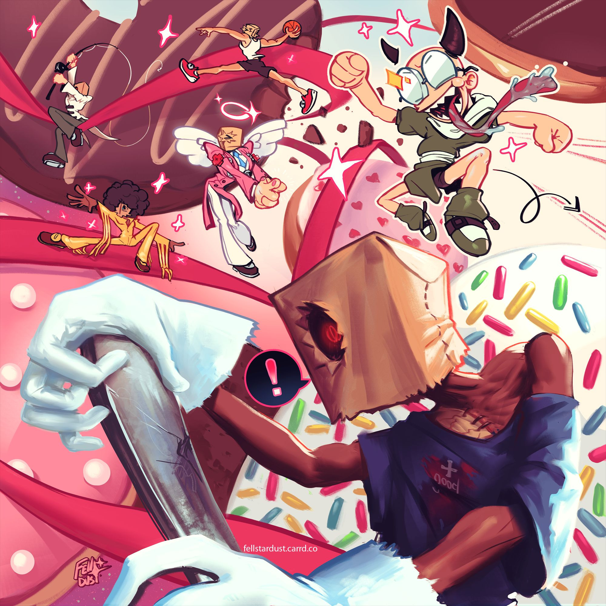 A chaotic, multicolored image with few different variations of Faust and Dr. Baldhead from Guilty Gear against a backdrop of an assortment of very large donuts.