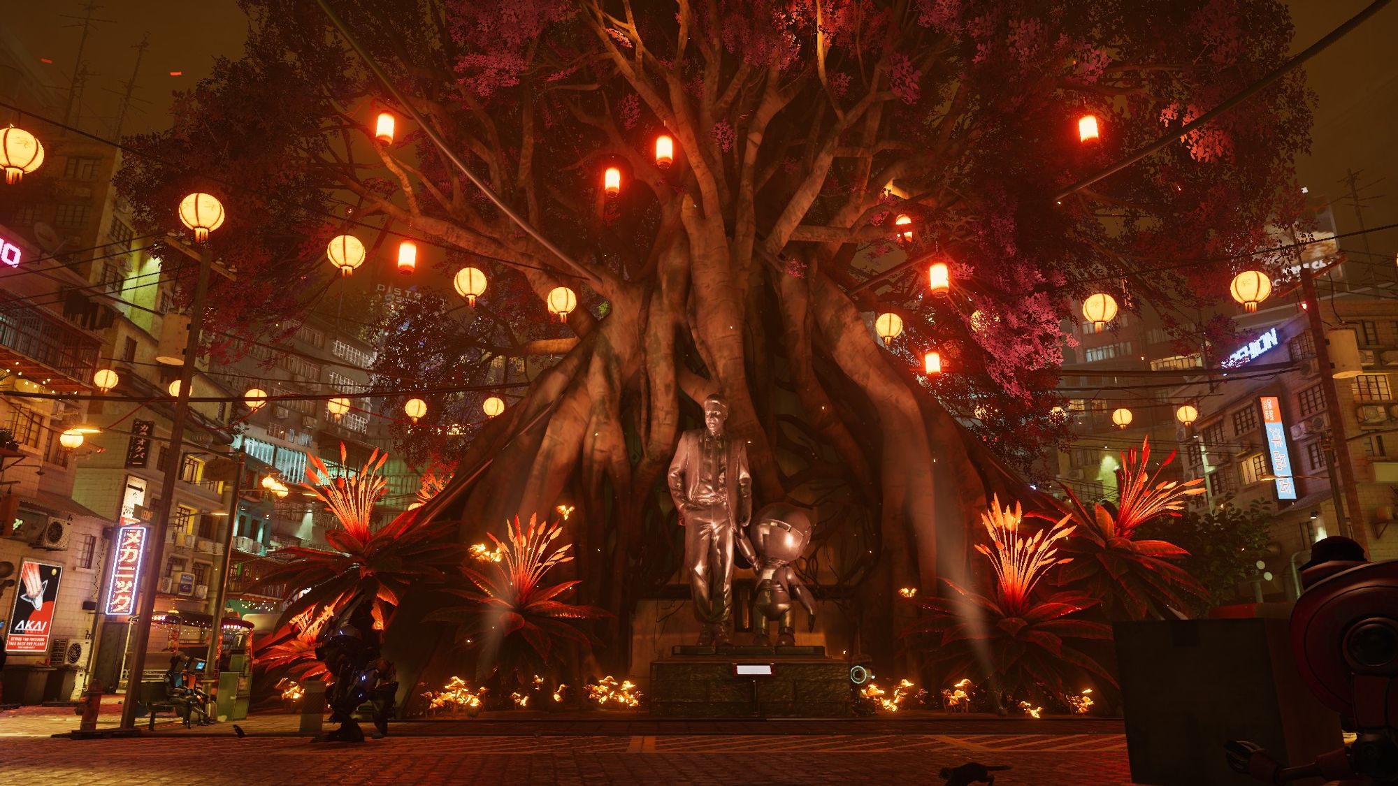 A giant tree adorned with lights stands centered before a statue in Complex 7, a world in VRChat.