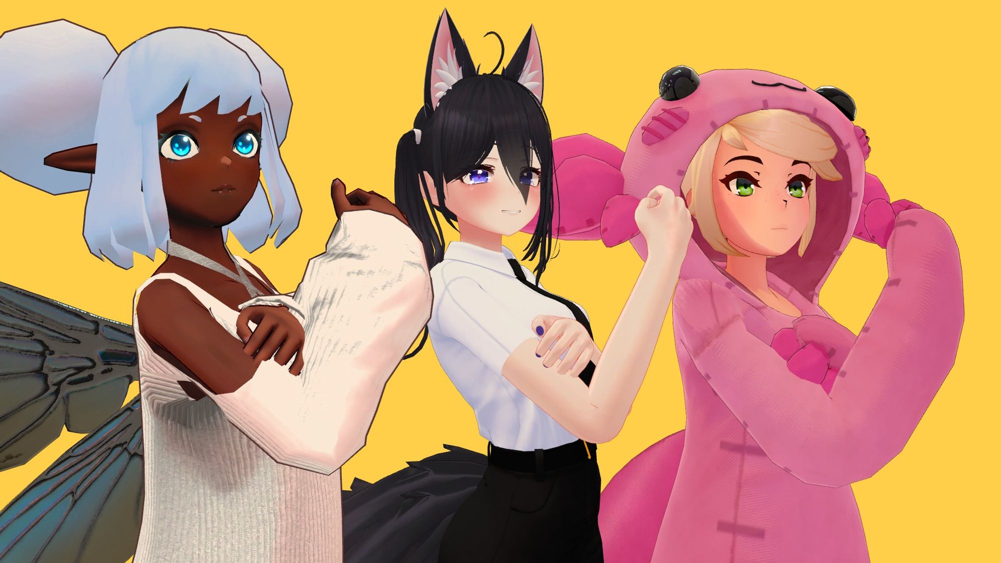 A lineup of VRChat avatars doing the Rosie the Riveter pose for International Women's Day.