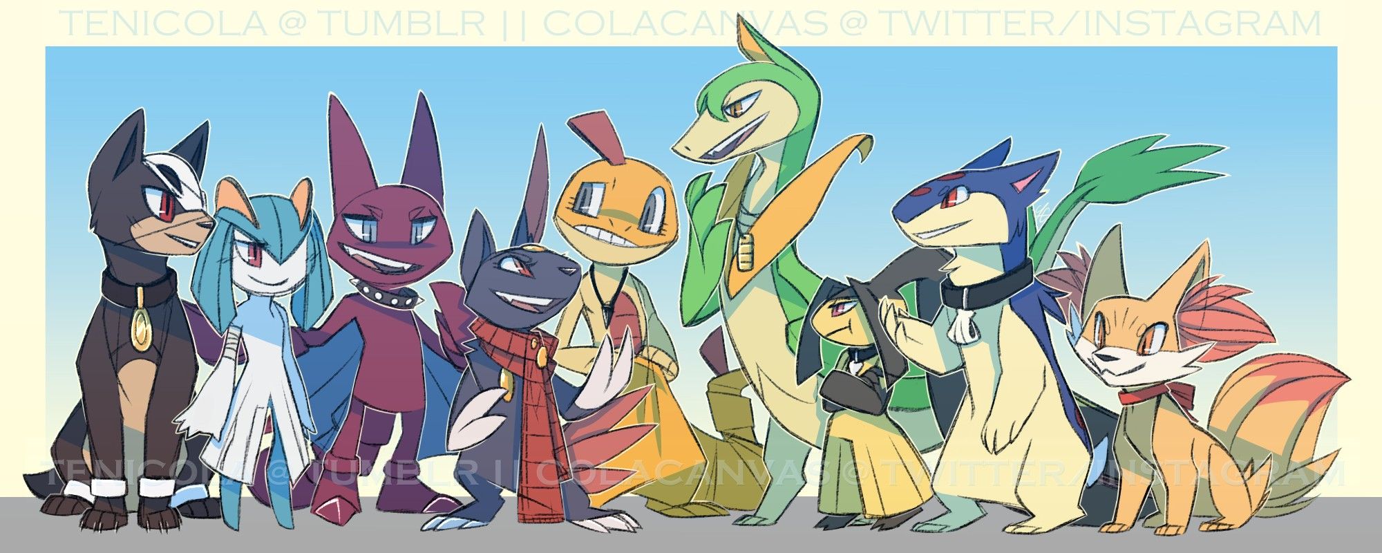 Artwork of various young Pokemon characters that belong to me and several friends from a old RP Group, Pokemon-Amie.

From left to right: Amber (Houndour), Keyah (Shiny Kirlia), Monit (Gligar), Rita (Sneasel), Boss (Scraggy), Kudzu (Servine), Sterling (Mawile), Quincy (Quilava), and Yang (Fennekin).

Kudzu, Sterling, and Quincy are mine
Amber, Monit, Rita, and Yang --> @littlescorpio.bsky.social
Keyah --> @colatechi.bsky.social
Boss --> @whotisthis.bsky.social