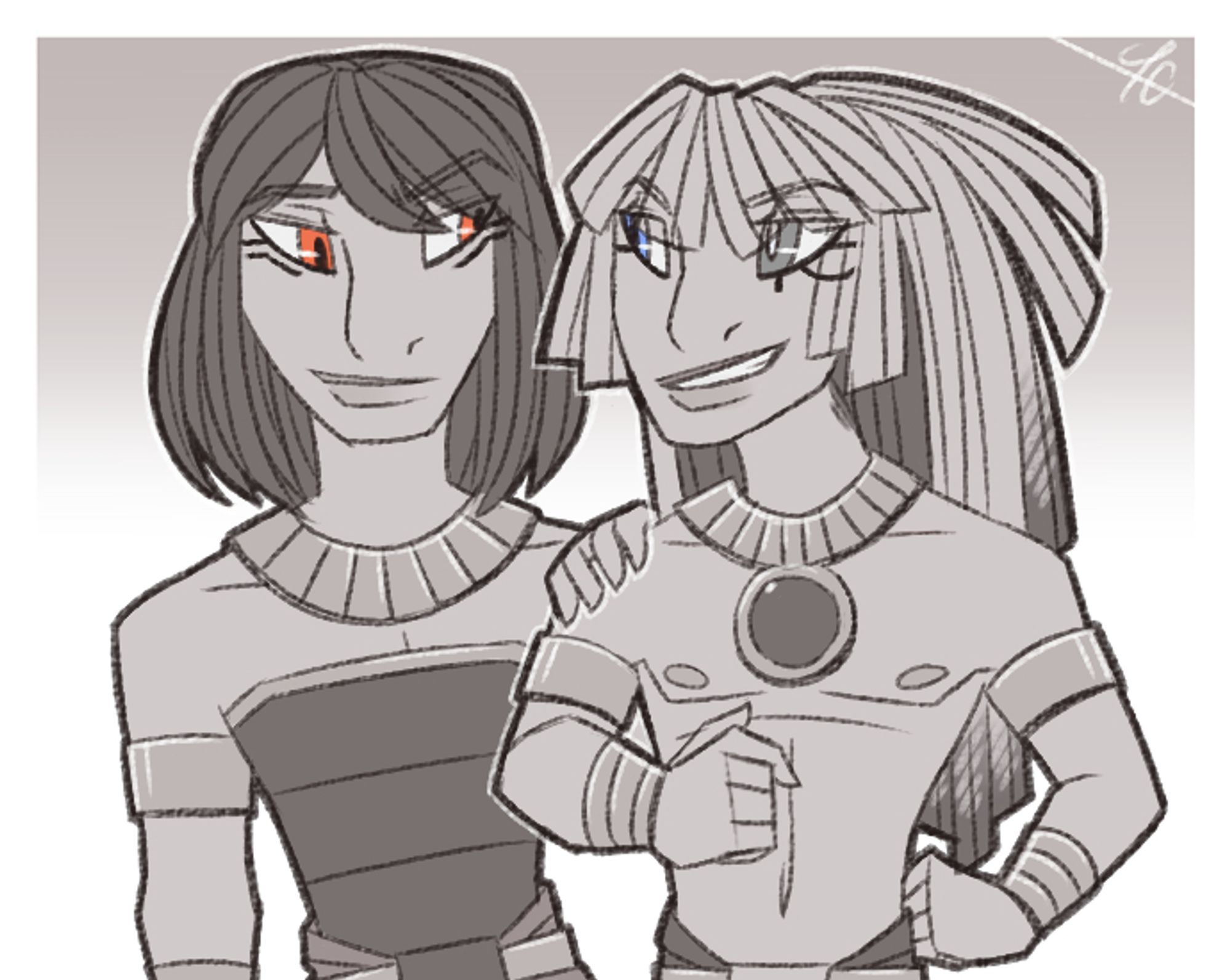 Artwork of Anubis and Horus from DEITIES Project. Horus grins and playfully nudges Anubis's side with his elbow, while Anubis holds his cousin back by the shoulder and gives him a knowing look.