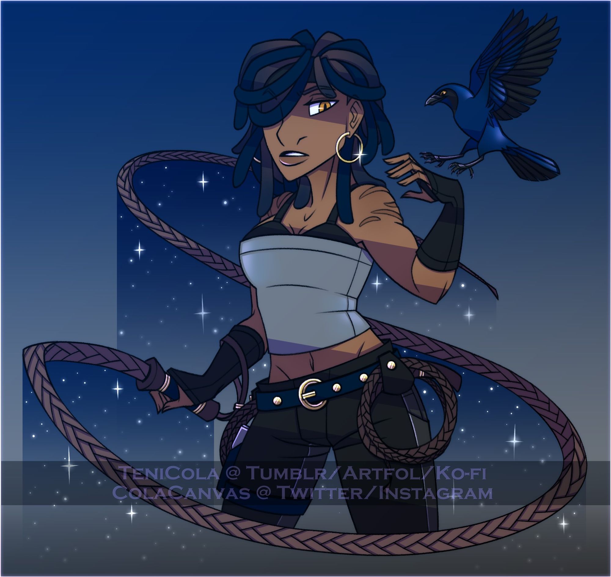 My character Tanja, a whip-fighting faction leader from an infamous crime syndicate called The Birdcage (An OC group made with friends). There's a starry effect in the background as Tanja unfurls her whip and uses her other hand to perch a glossy starling -- the namesake for her own codename, "The Starling."