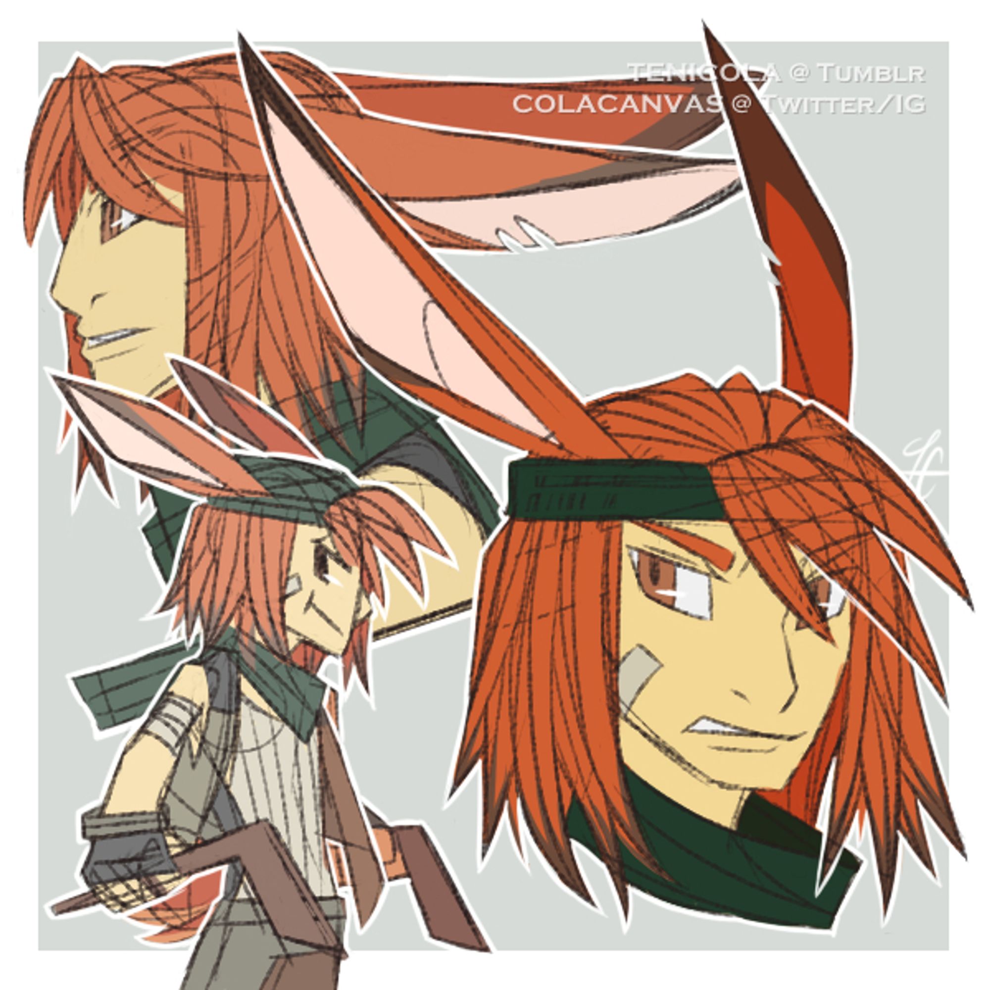 Some additional doodles of my character Ricki, a ginger moonrabbit gjinka / kemonomimi. He wields a pair of boomerangs!