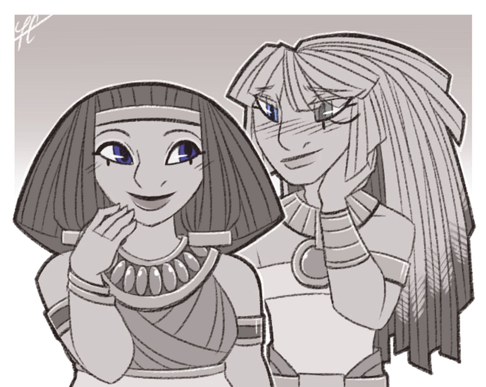 Artwork of Horus and Hathor as they appear in DEITIES Project. Hathor is glancing back at Horus with a small smile, while Horus rubs his neck while wearing his own sheepish smile (and a light blush--).