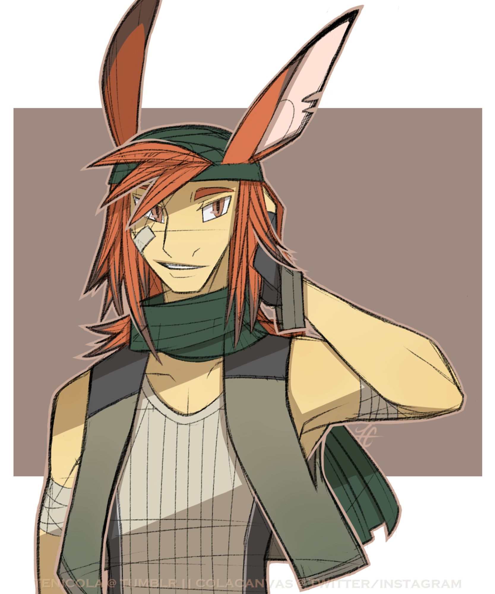 Artwork of my character Ricki, a moonrabbit gjinka / kemonomimi with ginger hair and long rabbit-ears.