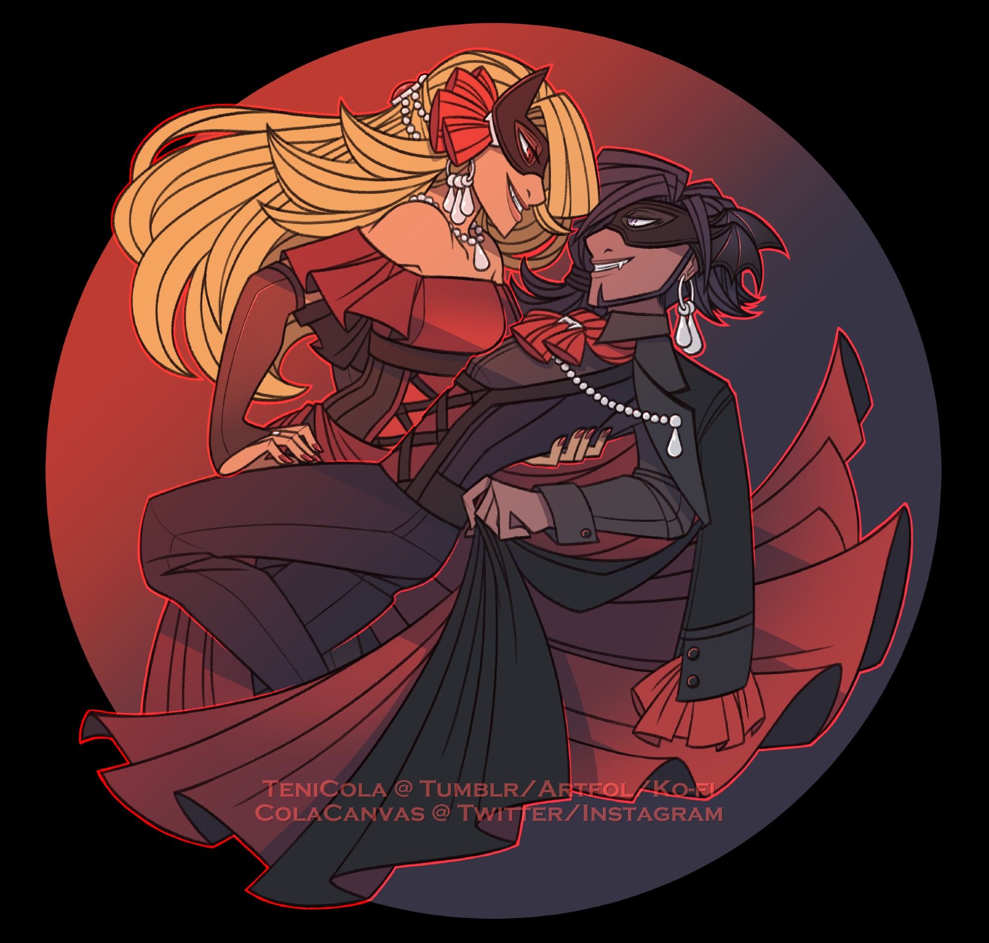 Artwork of characters Soleil and Roscuro (SolRosco), both in their red vampire-themed masquerade outfits that they wore for the 2022 OC Gala (on Twitter).

They're dancing together and exchanging focused, sensual gazes through their masks, as Sol leans Rosco back into a low dip. Meanwhile, the trails/folds of their respective outfits overlap each other to complete the circular composition.

Rosco is my character, while Soleil belongs to my friend Jinkz (@littlescorpio.bsky.social)