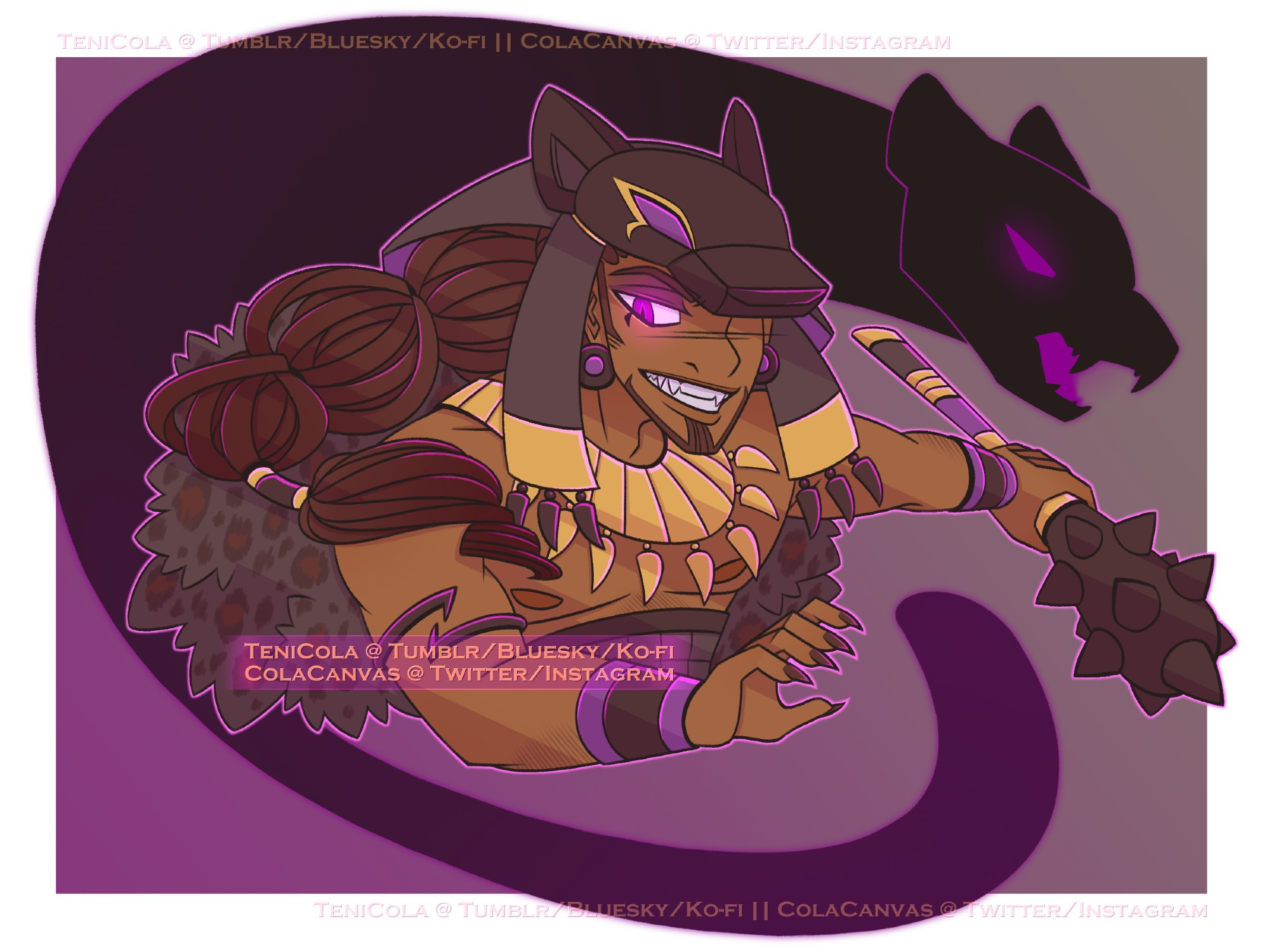 Artwork of my friend's character Lord Kairu, a black panther deity designed for DEITIES verse (DEITIES Project). Kairu belongs to @littlescorpio.bsky.social

Kairu wears black, purple, and gold regalia with a teeth/claws motifs and a panther-like headdress, and wields a large spiked club as his divine weapon. In the background, his sheut (shadow) encircles him in the shape of a snarling panther.