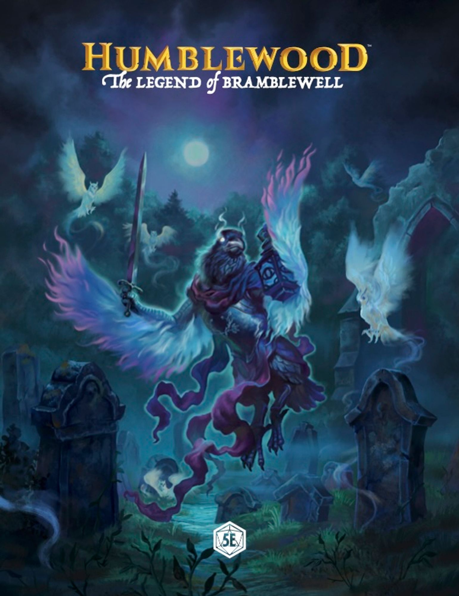 Humblewood: The Legend of Bramblewell cover featuring a corvum hovering above a graveyard with ghostly birdfolk in the background.