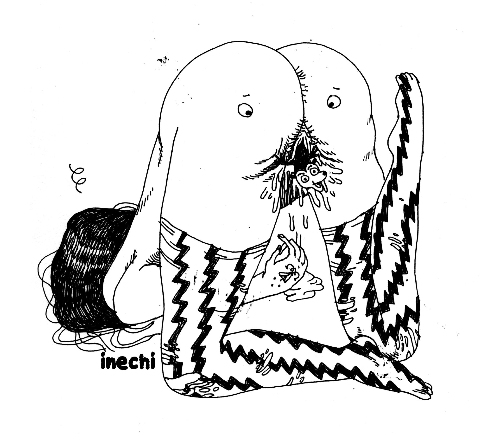 Art by Inés Estrada. A dizzy woman with knee high socks lies face down while a cartoon mascot pops out of her dripping vagina. there are some googly eyes on her butt.