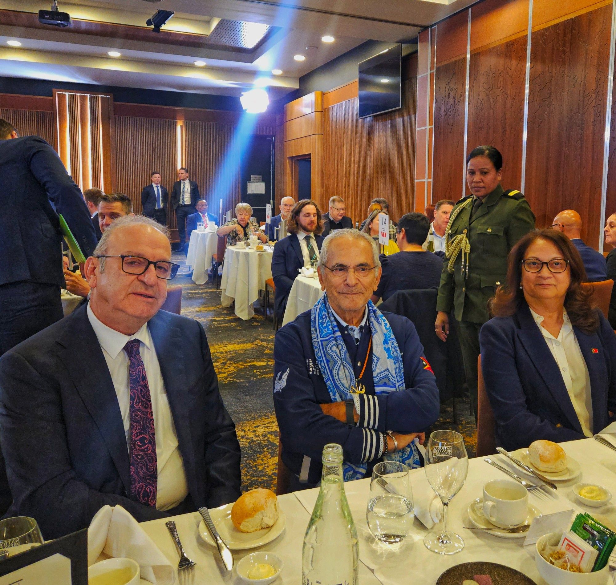 Three people sitting at the head table of the National Press Club. From left to right:Ambassador for Palestine His Excellency Izzat Salah Abdulhadi, President José Ramos-Horta and Ambassador for Timor-Leste Ines Almeida