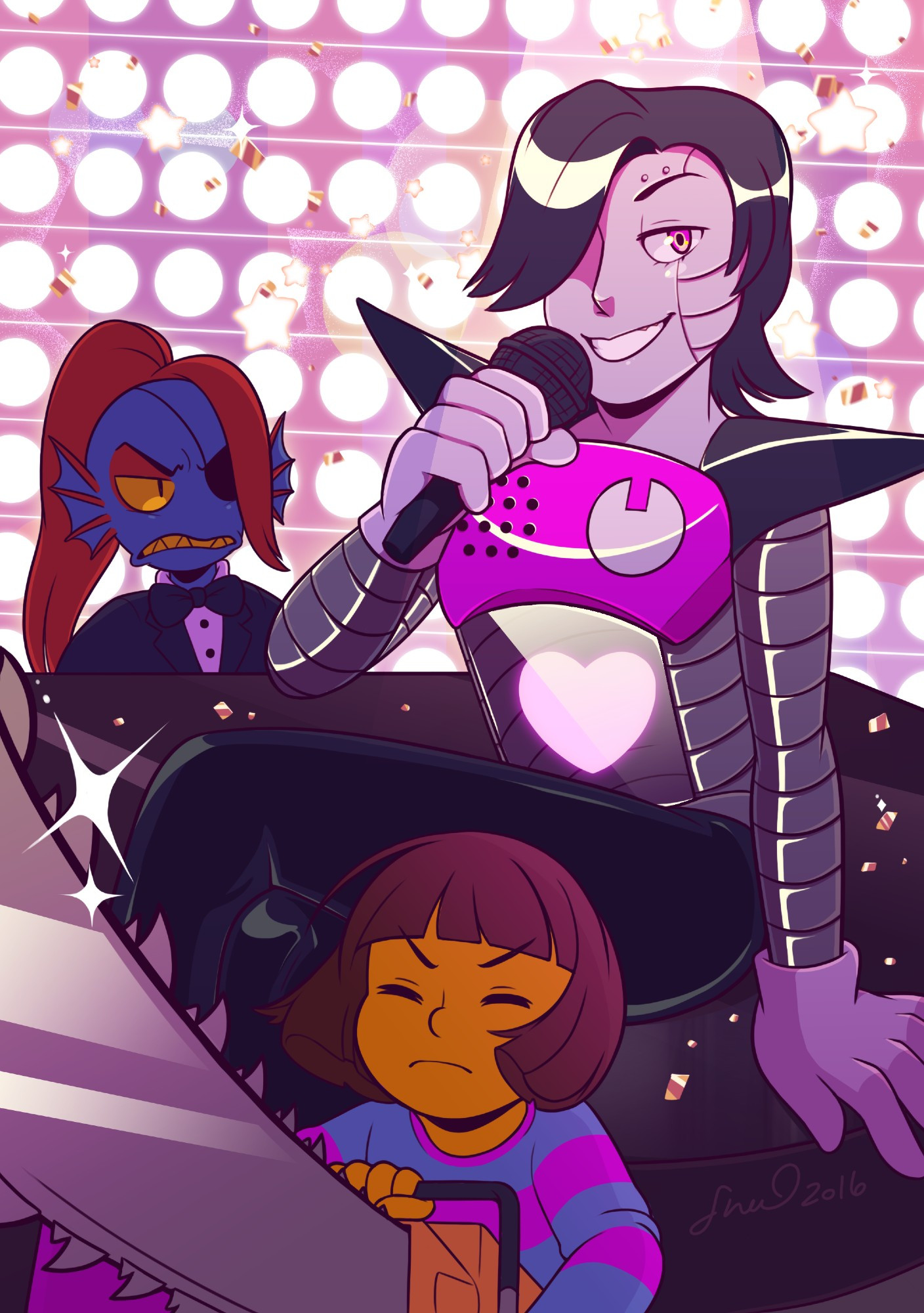 Mettaton holding a microphone while sitting on a piano that Undyne is trying to play. Frisk stands in front of them with a chainsaw.