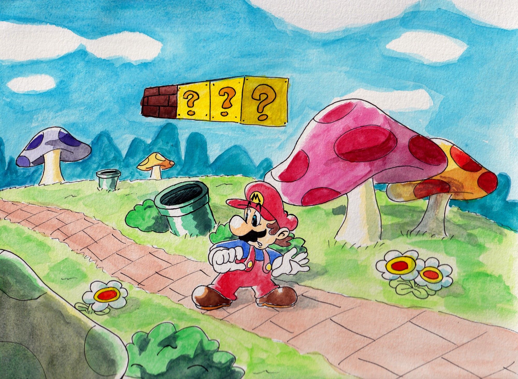 "Mushroom Kingdom", a watercolor piece of him. Very proud of this one!