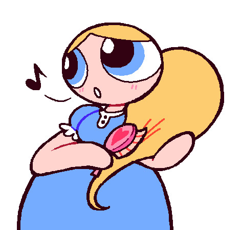 A half body drawing of an aged up (adult) Bubbles from The Powerpuff Girls brushing her hair. She is also whistling a tune while doing so