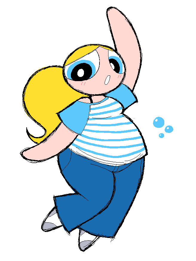 a full body drawing of an aged up (adult) Bubbles from The Powerpuff Girls in casual gear