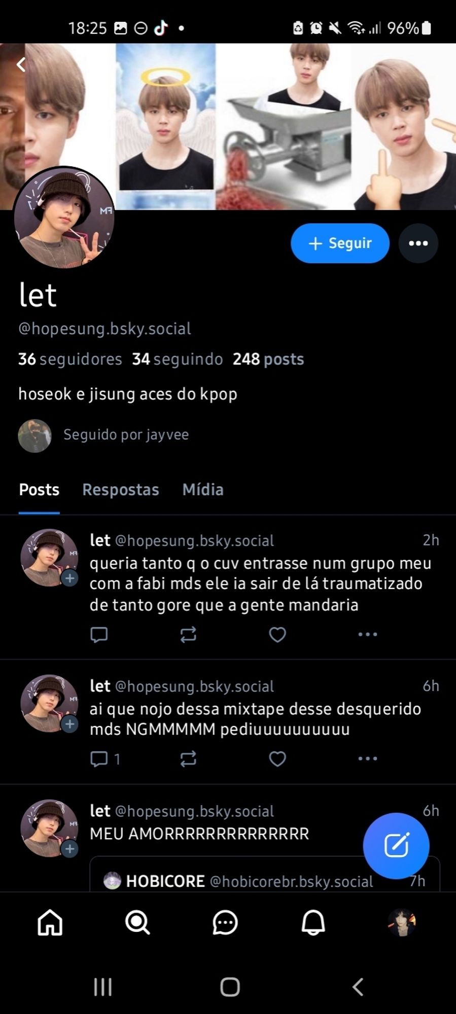 Her profile, the last post is a direct hate for taehyung

she says, basically that she "wanted so much for V (with an offensive pun) to be in a group with her and Fabi", so they would send gore content to traumatize him (?)