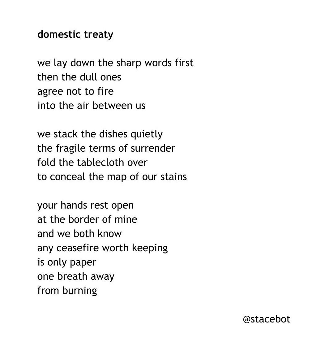 domestic treaty

we lay down the sharp words first
then the dull ones
agree not to fire
into the air between us

we stack the dishes quietly
the fragile terms of surrender
fold the tablecloth over
to conceal the map of our stains

your hands rest open
at the border of mine
and we both know
any ceasefire worth keeping
is only paper
one breath away
from burning