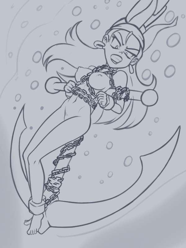 A sketch of notorious buccaneer Risky Boots (Shantae series), chained to a ship's anchor and heaved overboard.