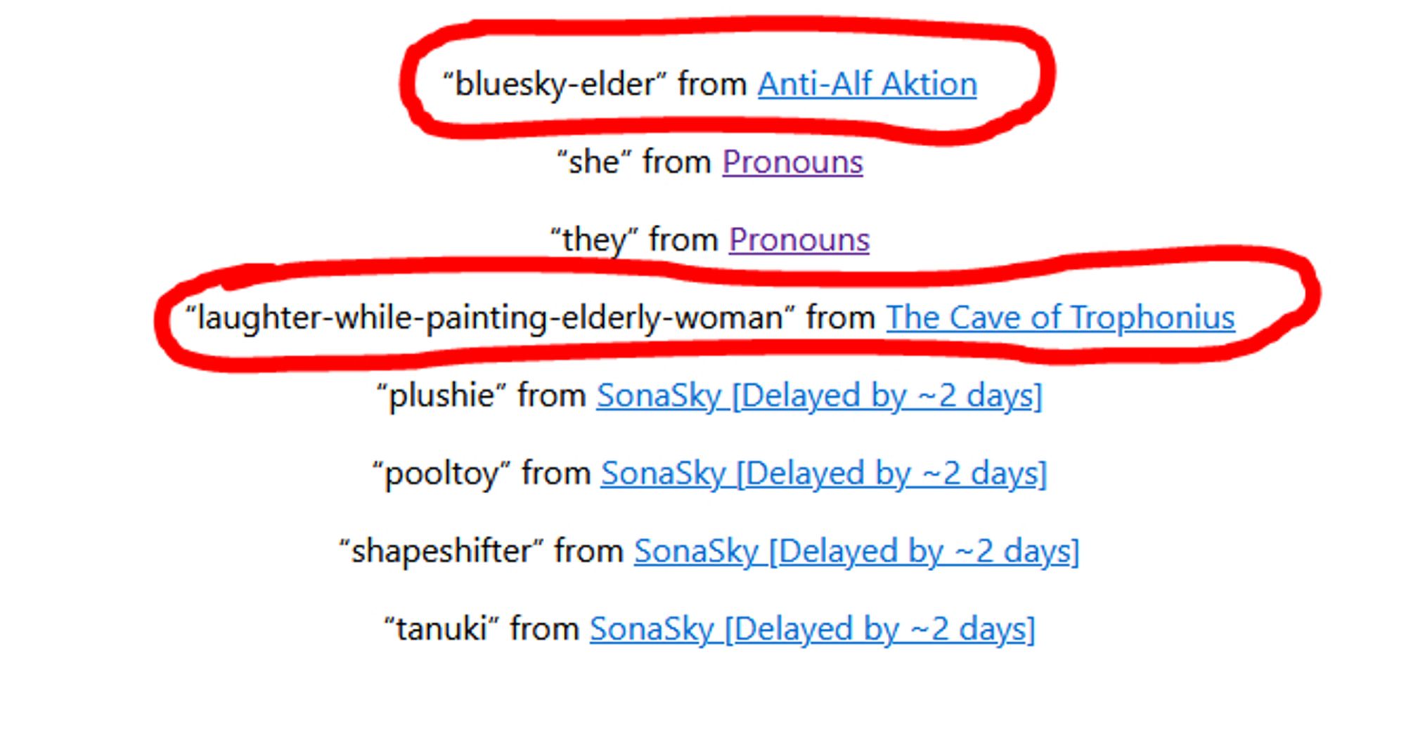 screenshot of label detector showing my usual pronoun and fursona labels, but also, circled in red, ""bluesky-elder" from anti-alf aktion" and ""laughter-while-painting-elderly-woman" from the cave of trophonius"