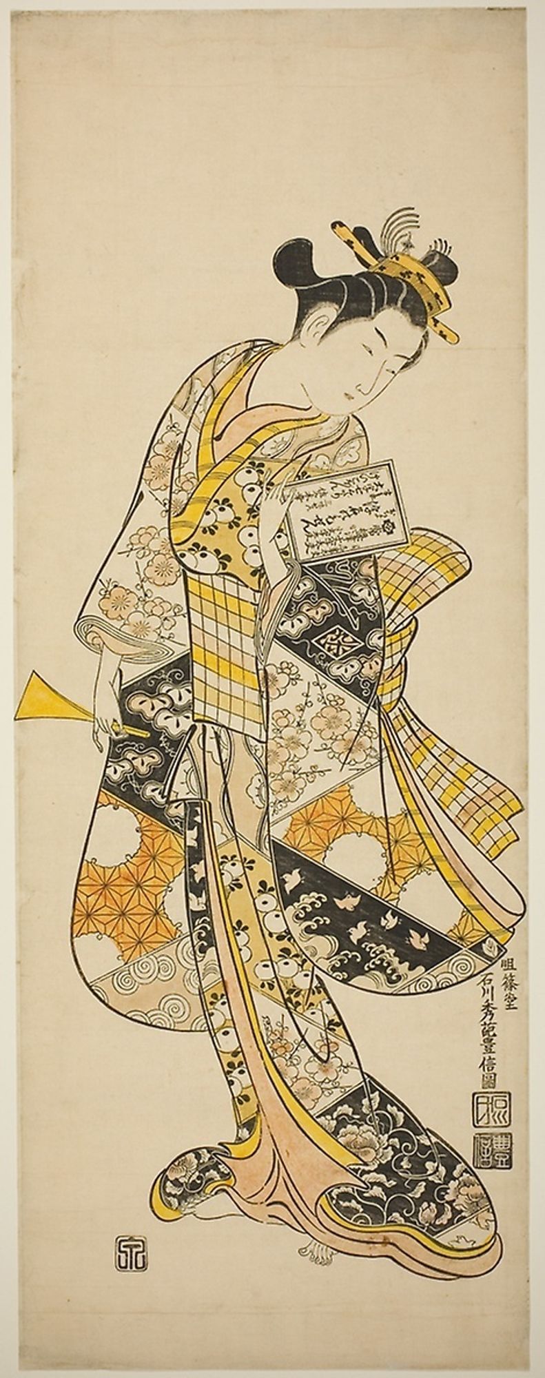 A geisha holds a practice book for a narrative musical (joruri) in her left hand and a plectrum (bachi) for playing the shamisen in her right hand. She is on her way to her music lessons. This joruri was first performed at the Nakamura theater in 1744. The crest (mon) on the geisha’s boldly patterned kimono depicts the character some, which was perhaps part of her name.

Clarence Buckingham Collection