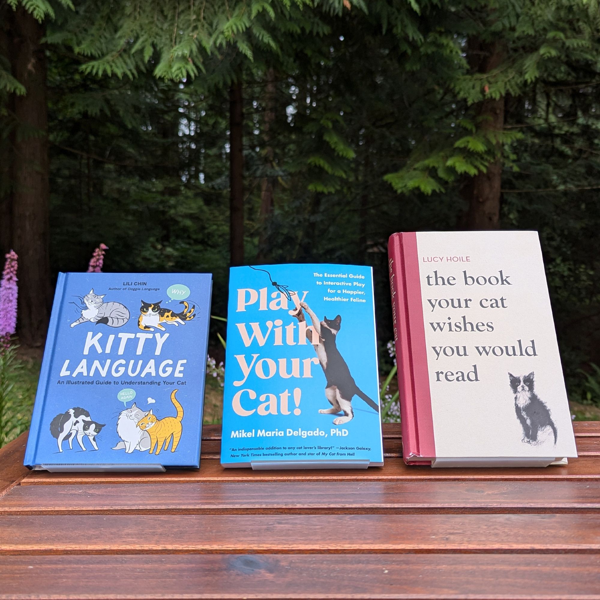 The books Kitty Language by Lili Chin, Play With Your Cat! by Mikel Delgado, and the book your cat wishes you would read by Lucy Hoile on a table outdoors with flowers and trees behind.