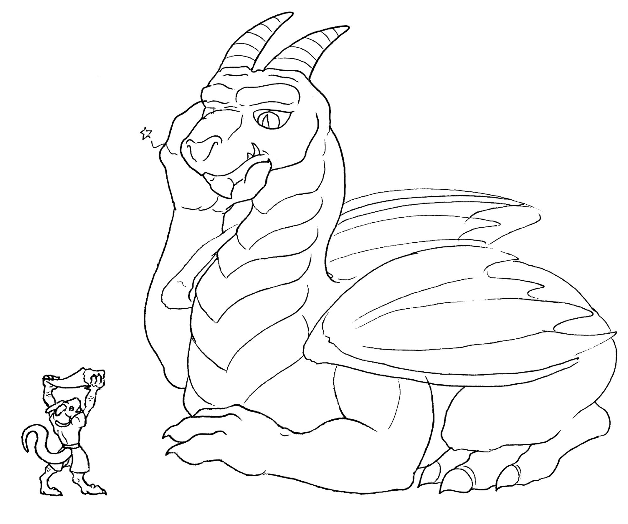 A dragon holding its face in pain after having its tooth removed, as the kobold proudly holds up the removed tooth.