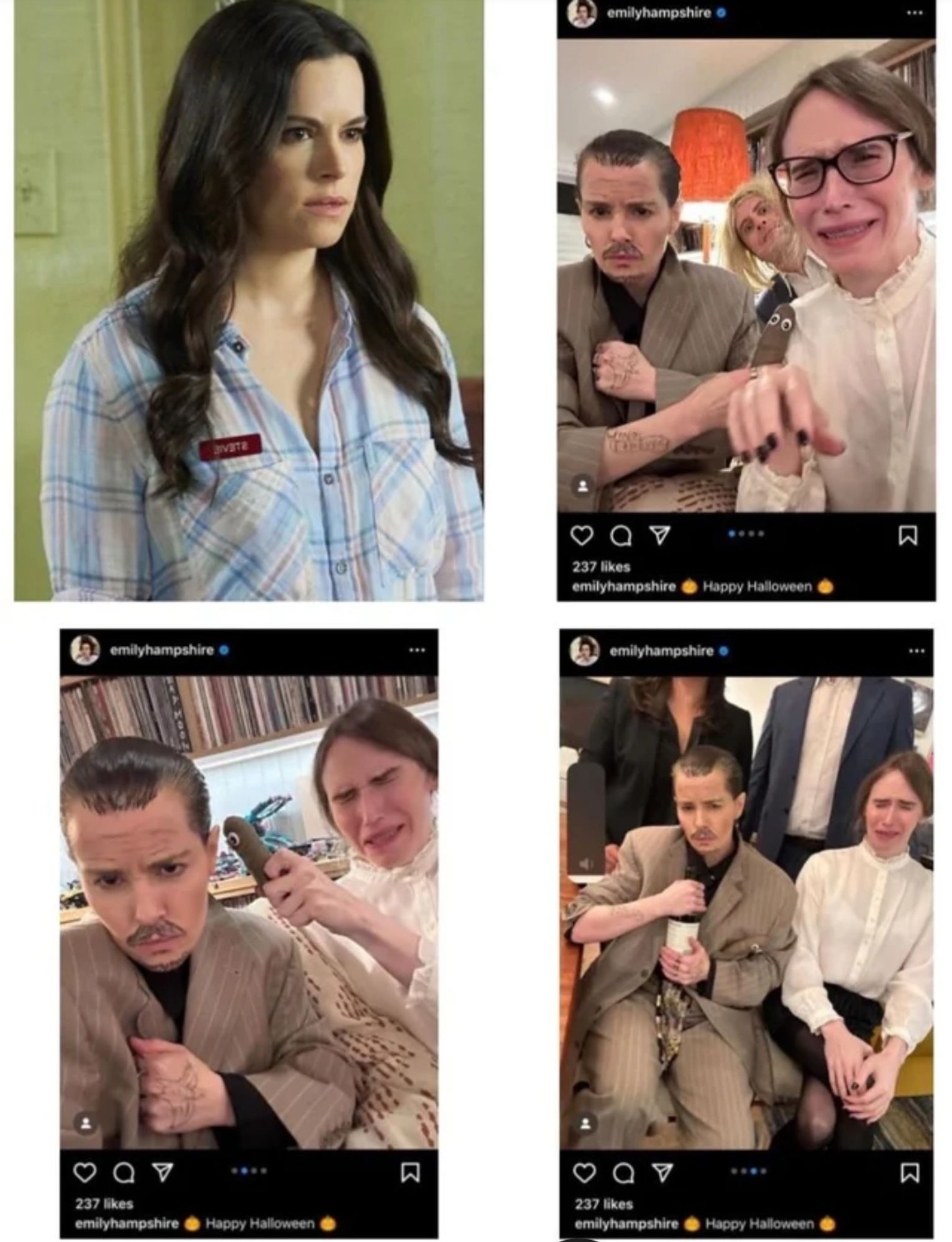 4 picture set.
Top left is Emily as her Schitts Creek character. The 3 other pics in set are from Emily's IG account showing off her Hallowen costume and posting 🎃Happy Halloween🎃
Top right:  Emily dressed as Johnny Depp. Fake tattoos and all. Emily holds a fake poop behind her friend who's dressed as Amber Heard and looking distressed.
Bottom left: Emily dressed as Johnny Depp and smoldering to the camera. Her friend dressed as Amber Heard is pulling a crying face and holding the fake poop behind Emily's head.
Bottom right: Emily dressed as Johnny Depp holds a bottle of wine close to her chest and the fake poop under her arm. Her friend dressed as Amber Heard sits beside her with her legs crossed. The friend is again pulling a distressed crying face.