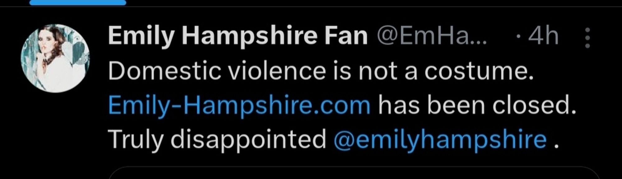 Emily Hampshire fan page on twitter posting "Domestic violence is not a costume. Emily-Hampshire.com has been closed. Truly disappointed @emilyhampshire."