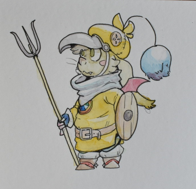 A close up of the moogle in chocobo-theme knight gear