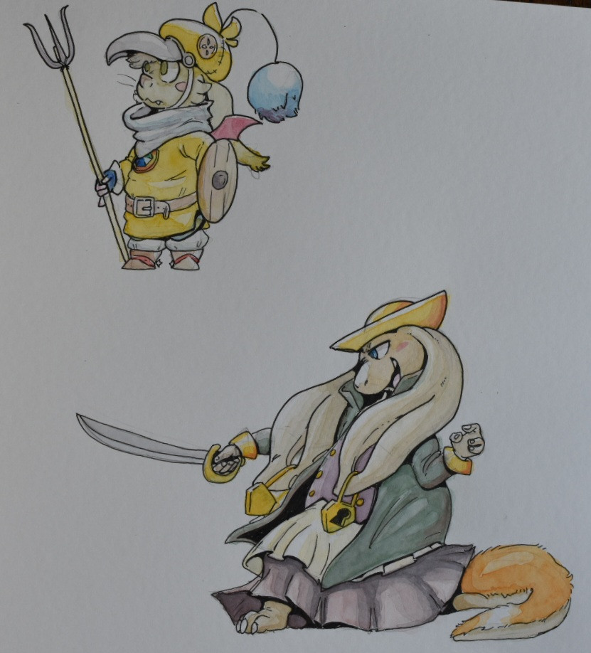 A pair of images - an Ivalice Moogle in a chocobo knight outfit with a pitch fork, and a pirate nu mou backstabbing and brandishing a cutlass