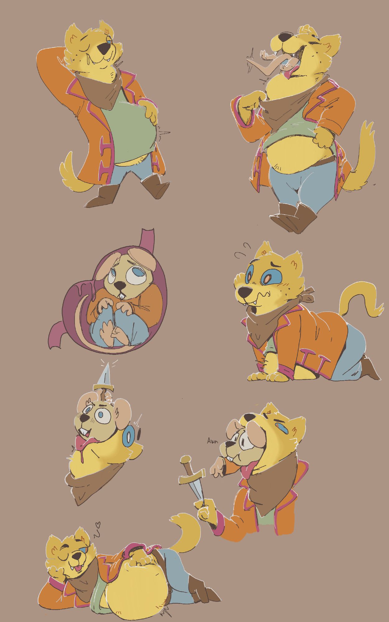 A sequence of anthropomorphic animals in the style of Root, featuring a weasel in colorful clothes swallowing a mouse. The mouse fights its way back up the weasel's throat, but is disarmed and swallowed again.