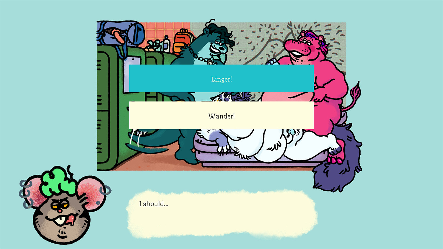 A screenshot from BOARLORD’s fat smut videogame, PLOT HOLE. It shows two menu options behind a fat threesome in a locker room. The options read, “Linger!” and “Wander!” In a dialog box are the words, “I should…”