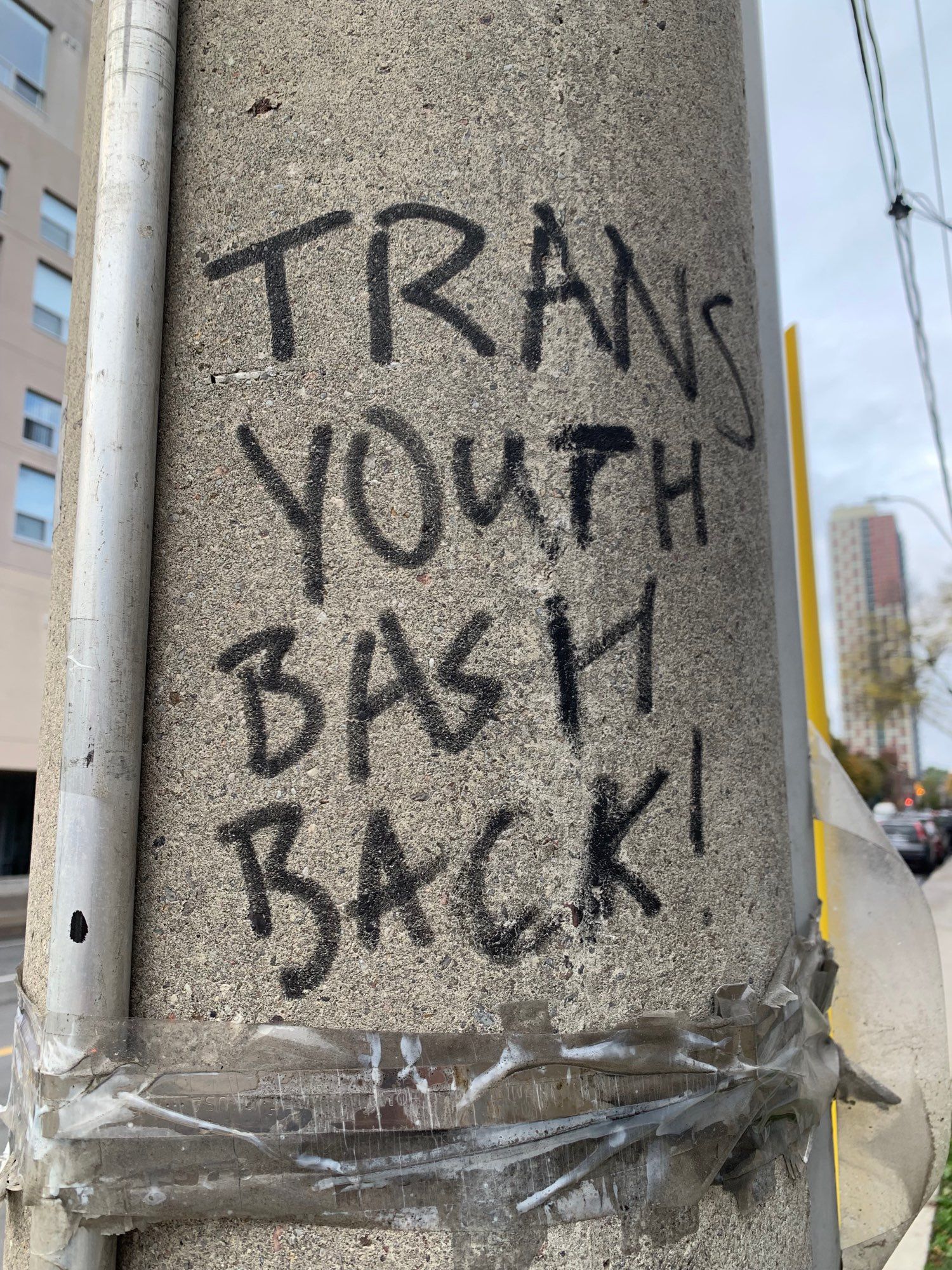 A photo of a telephone pole with the words TRANS YOUTH BASH BACK! written in black marker