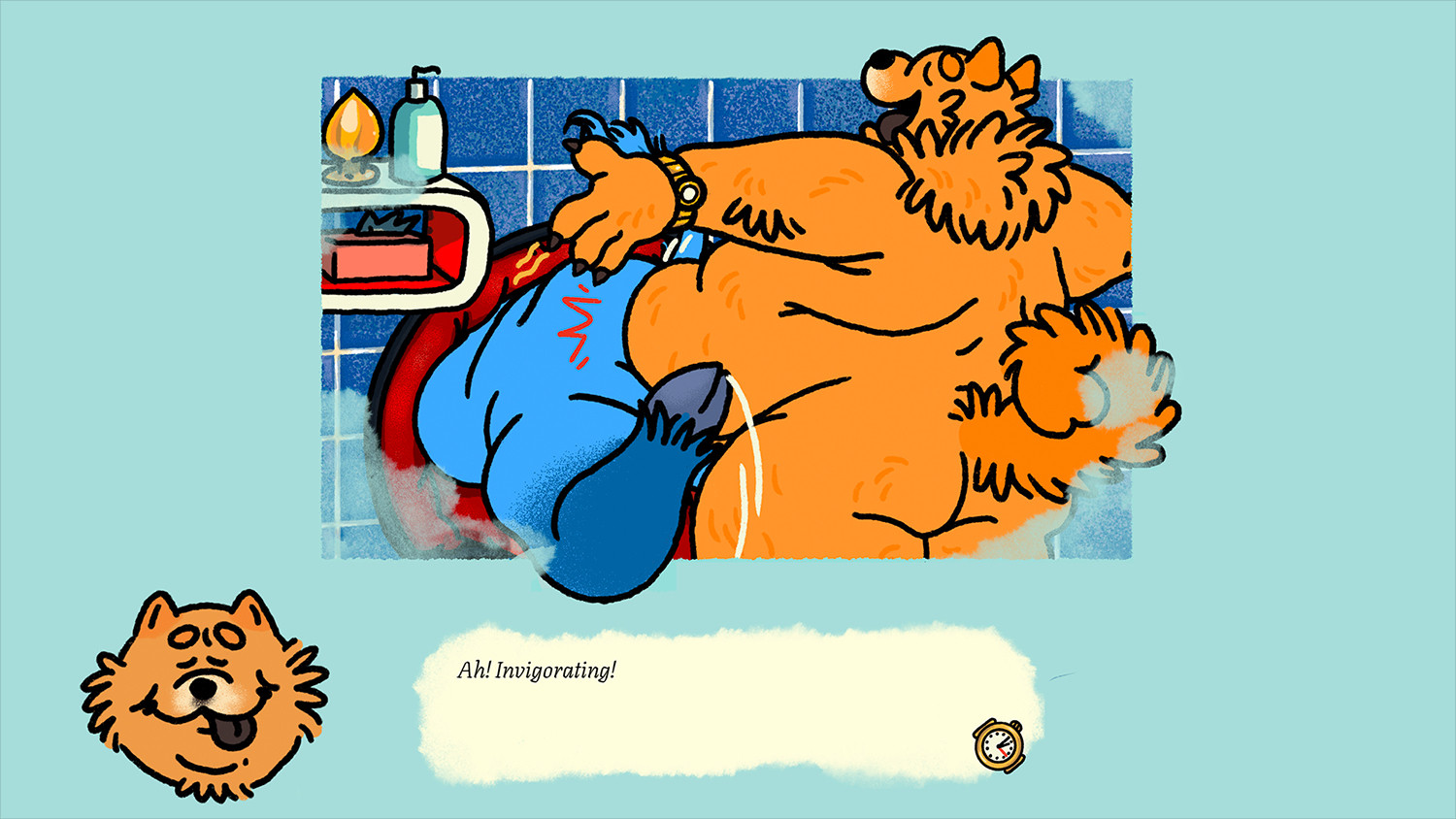 A screenshot from BOARLORD’s fat smut videogame, PLOT HOLE. It shows a musclefat transfem dog from behind. She drops her large belly on the round ass of a boar sticking out of a glory hole. In a dialog box are the words, “Ah! Invigorating!”