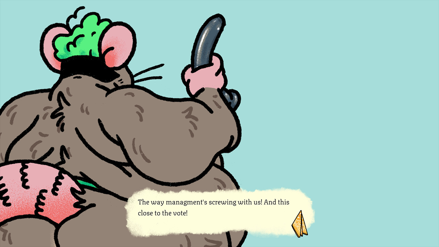 A screenshot from BOARLORD’s fat smut videogame, PLOT HOLE. It shows a superfat transmasc rat from behind. He holds a very large dildo in his hand. In a dialog box are the words, “The way management’s screwing with us! And this close to the vote!”