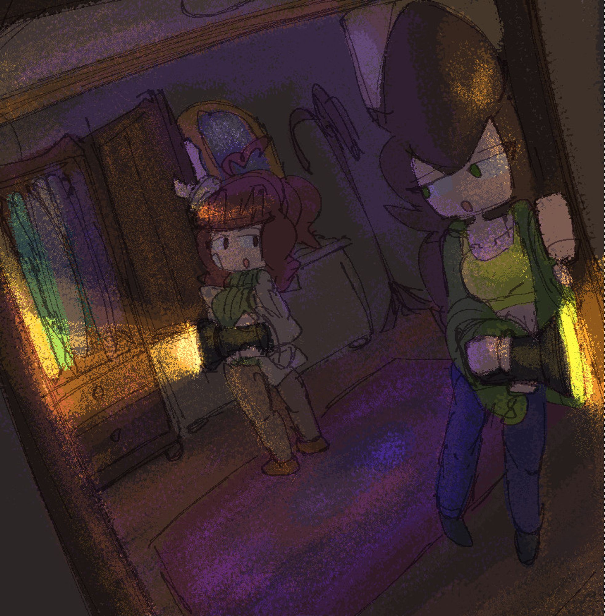 emma and tina in an old style, abandoned home, with flashlights, possibly searching for some ghost stuff