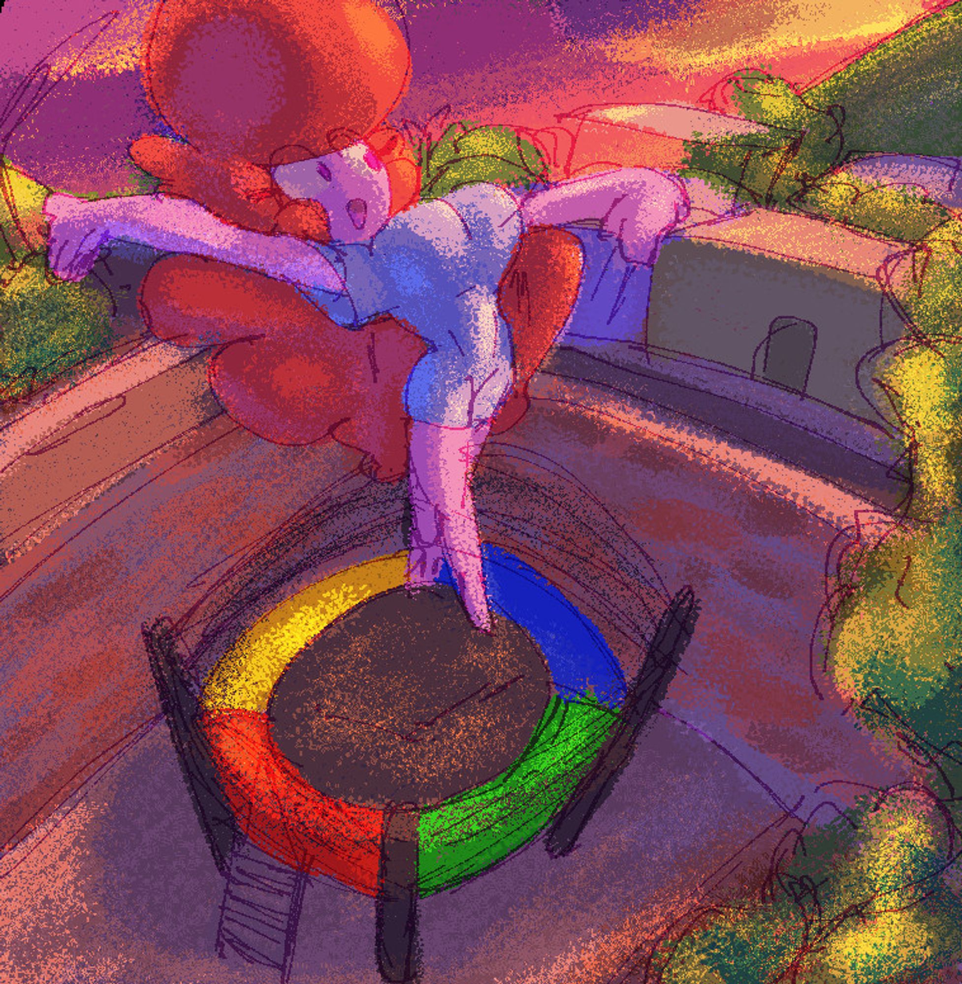 gummy in the trampolin inside the walls of a yard, at the sunset