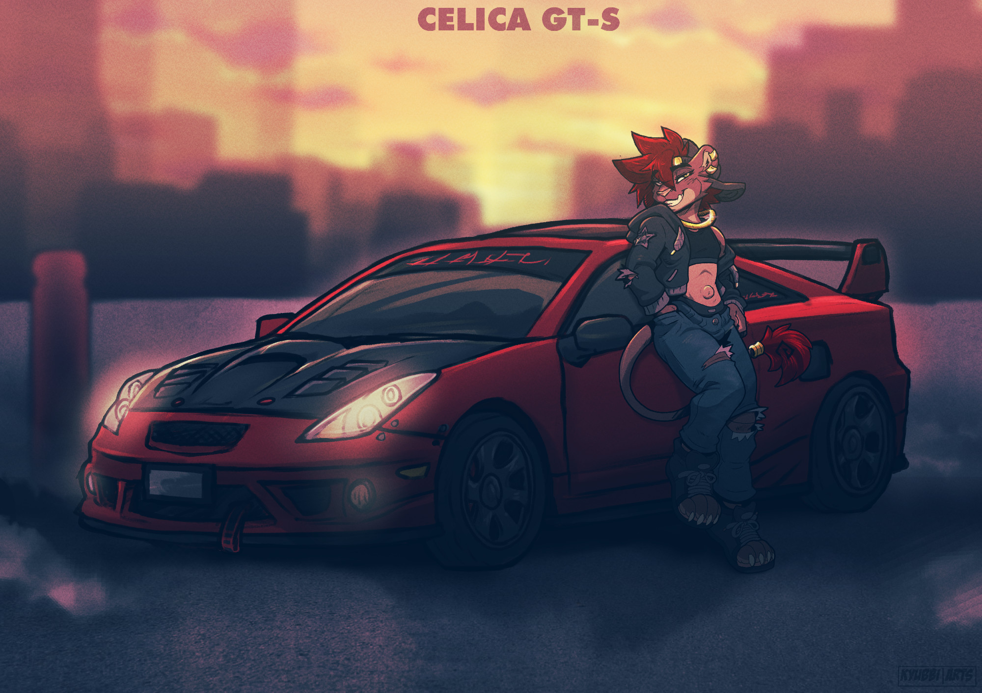 Red haired Lion Boy leaning on car ( Toyota Celica GTS)